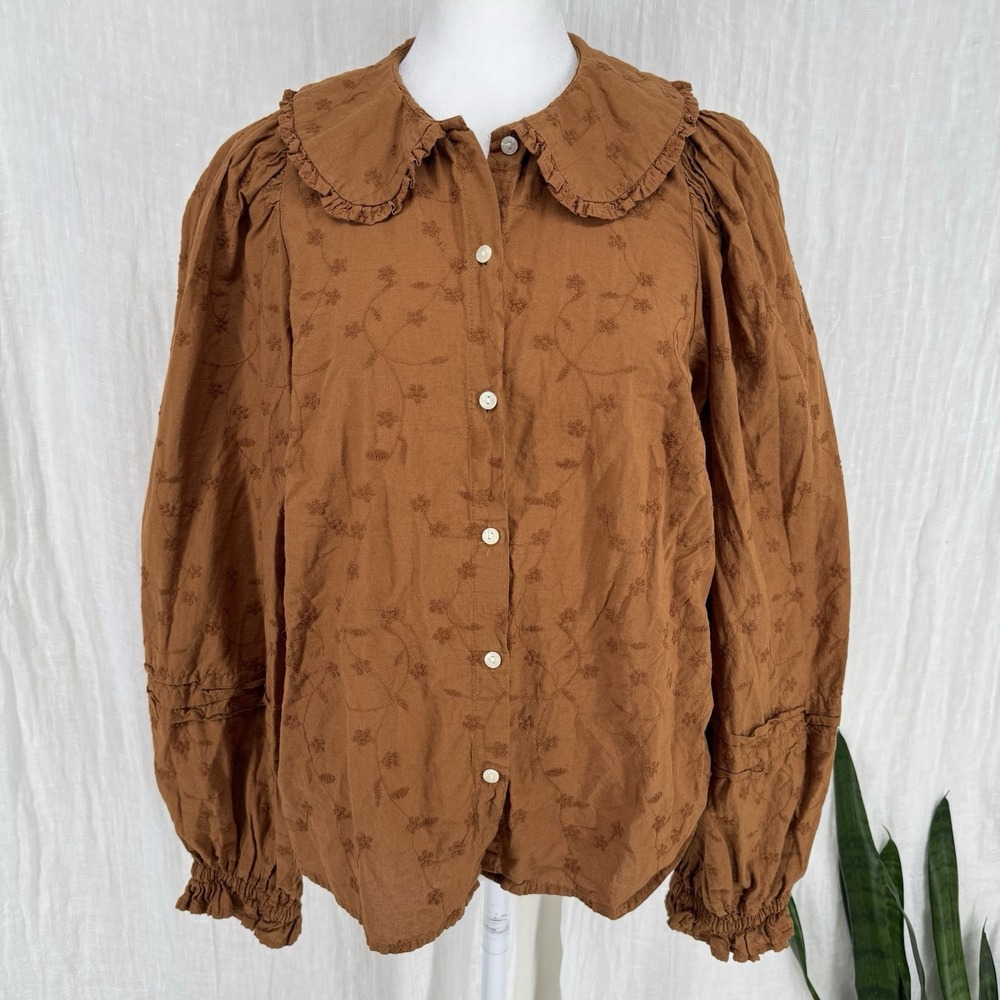 Brown Embroidered Cottagecore Peasant Top L Peter Pan Collar Prairie Boho Floral